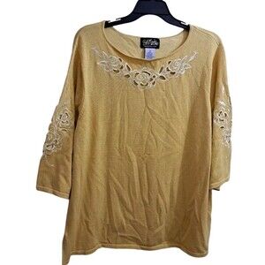 Bob Mackie Wearable Art Knit Top Women's 3X Yellow Floral Embroidered Metallic